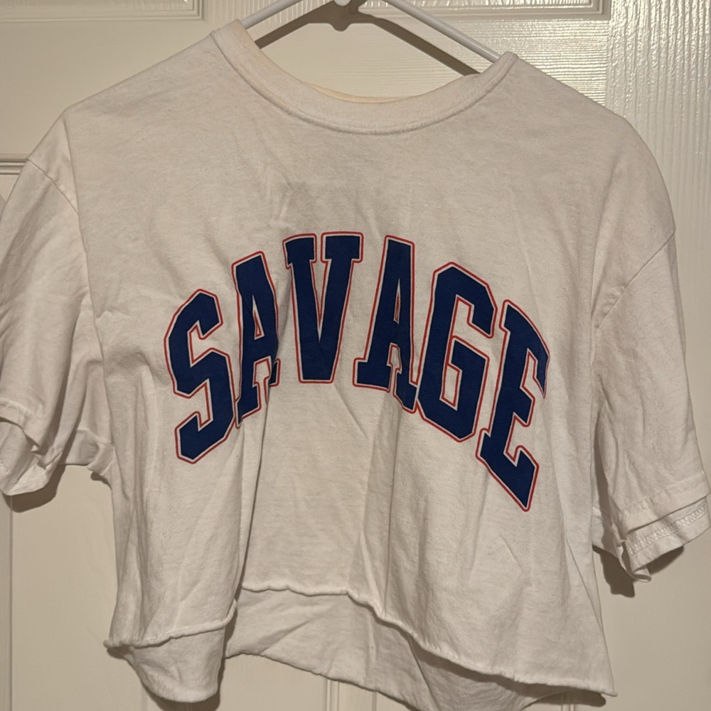 White Cropped Tee with 'SAVAGE' Blue Lettering
